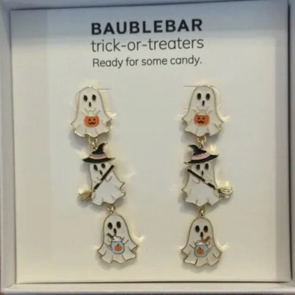 Baublebar 3 Ghosts Dangle Halloween Earrings Trick or Treat Ready for Candy - Picture 1 of 3